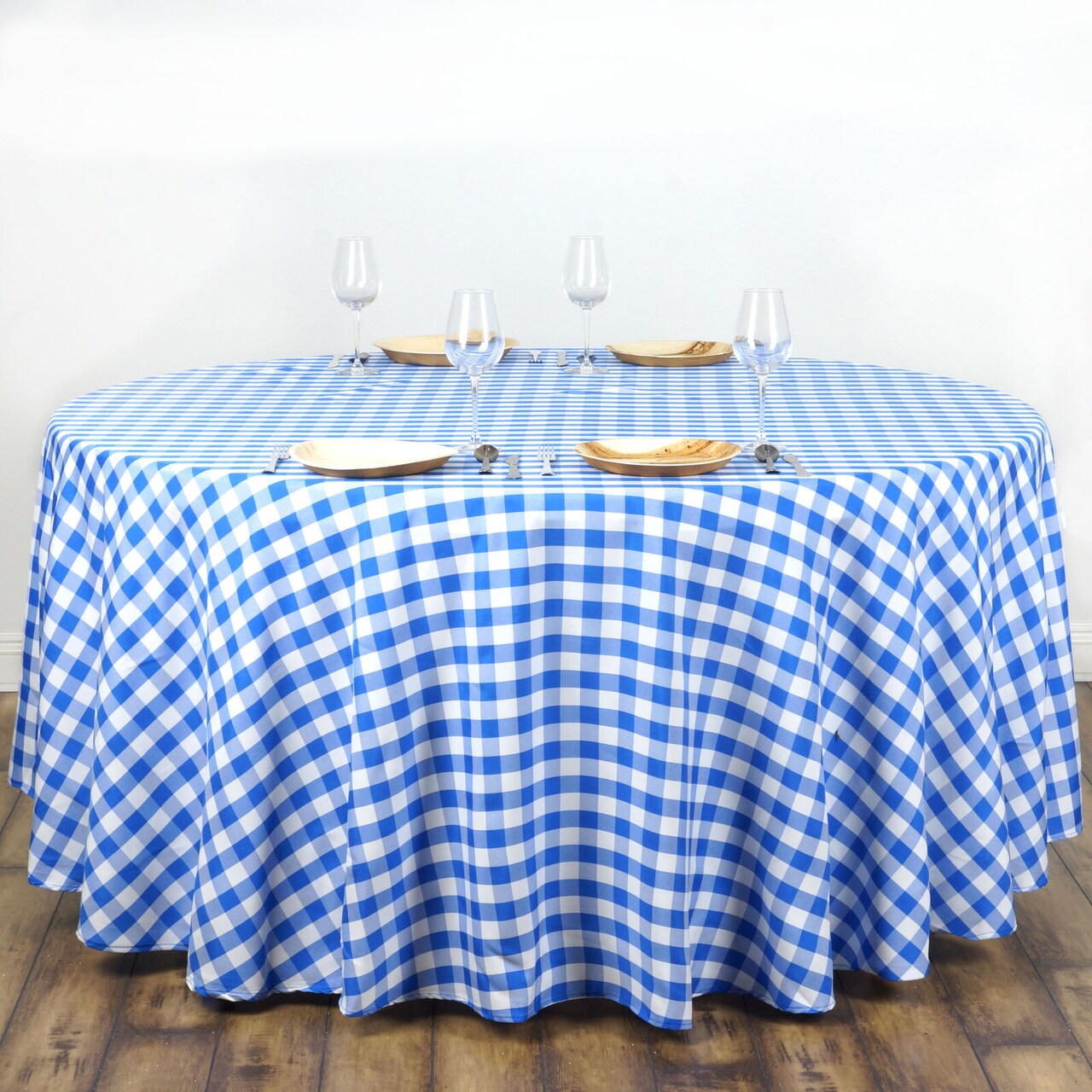 Blue White Buffalo Plaid 108" ROUND Polyester Tablecloth Checkered Table Linens